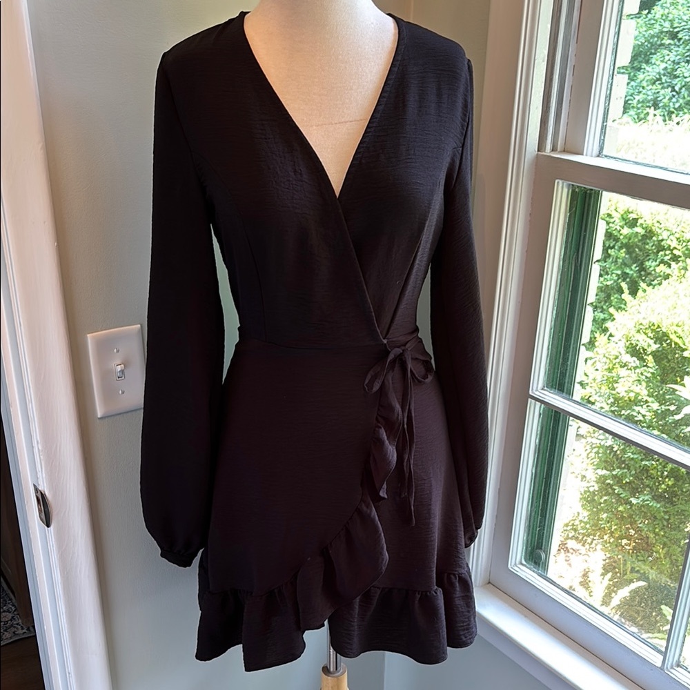 Altar'd State Black Ruffled Wrap Dress with Bishop Sleeves